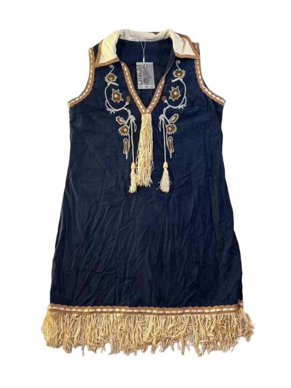 Oyrosy Navy Blue Floral Suede Embroidered Dress With Fringe size L